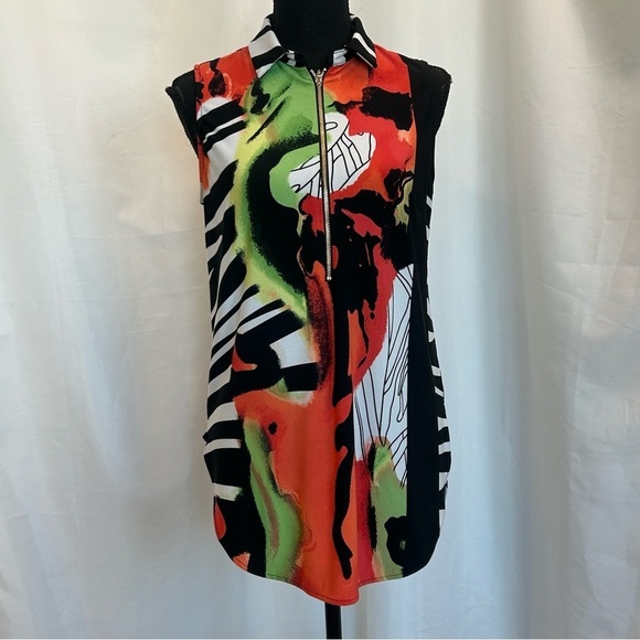 FRANK Lyman design red orange multicoloured zebra sleeveless zipper blouse Sz 6 - Picture 10 of 10